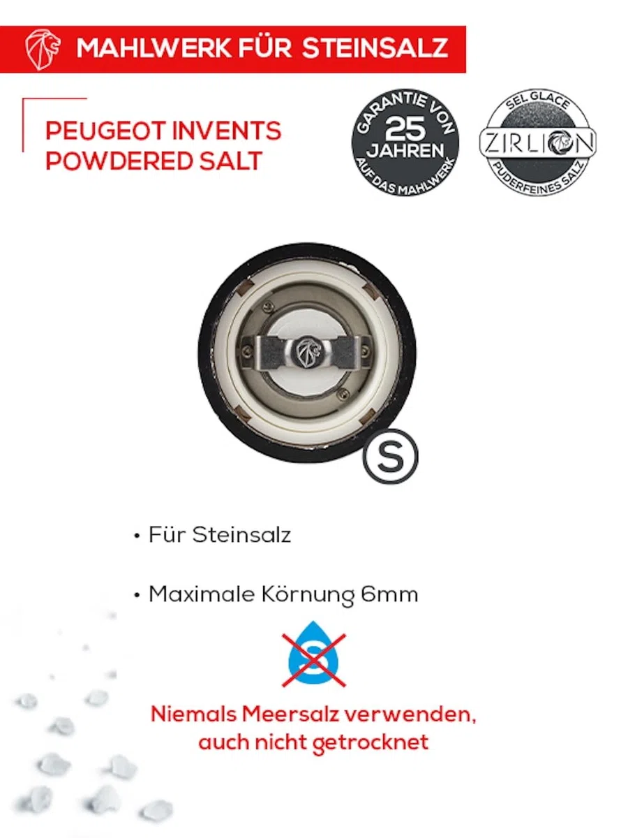 PEUGEOT - Maestro Salzmühle 11cm + Rosa Kristallsalz - u’Select-Mahlgradeinstellung - Innovatives Zirlion-Mahlwerk für pulverfeines Salz - Französisches Know-how - PEFC-Holz, Edelstahl - Graphitfarben