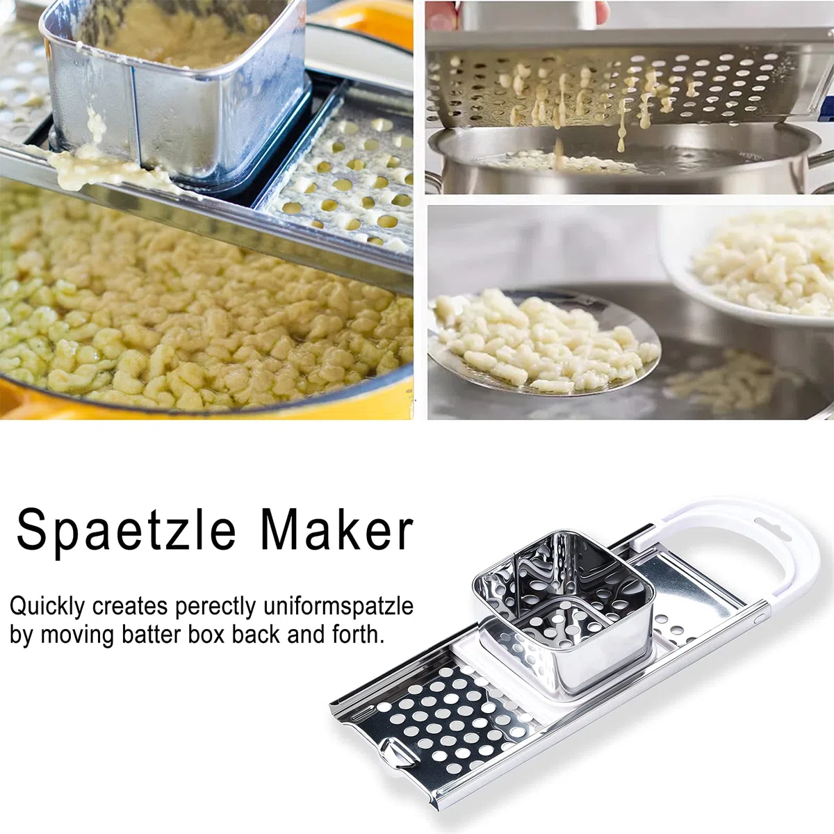 Spätzlehobel Edelstahl, Spätzle Set, Spätzlesieb, Spätzlereibe mit Schaumlöffel, Spätzlepresse, Schaber (für Töpfe mit Ø bis 30 cm) - Rostfrei