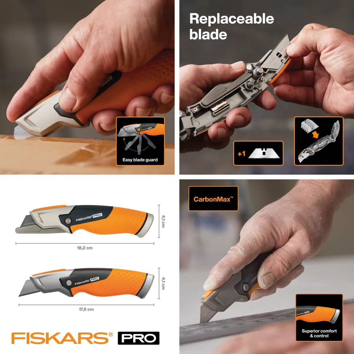 Fiskars Universalmesser mit feststehender Klinge, Länge 18,2 cm, Rostfreier Stahl/Kunststoff, Schwarz/Orange, CarbonMax, 1027222