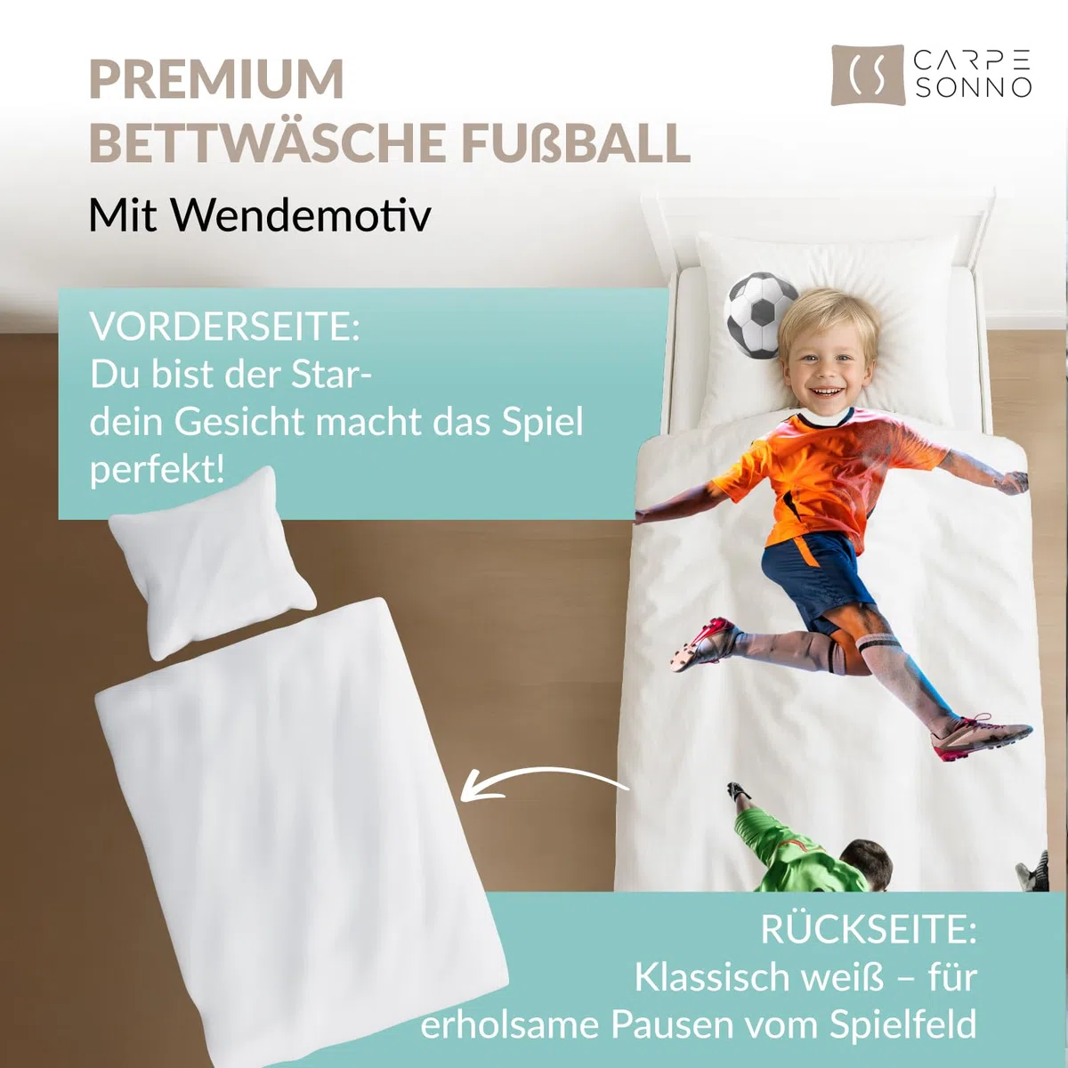 Carpe Sonno Kinder Bettwäsche 135x200 Kinder mit Kissenbezug [100% Renforce Baumwolle] Fußball Motiv | Oeko-Tex 100 & Made in Green | Kinderbettwäsche Jungen | Fussball Bettwäsche Jungen 135x200