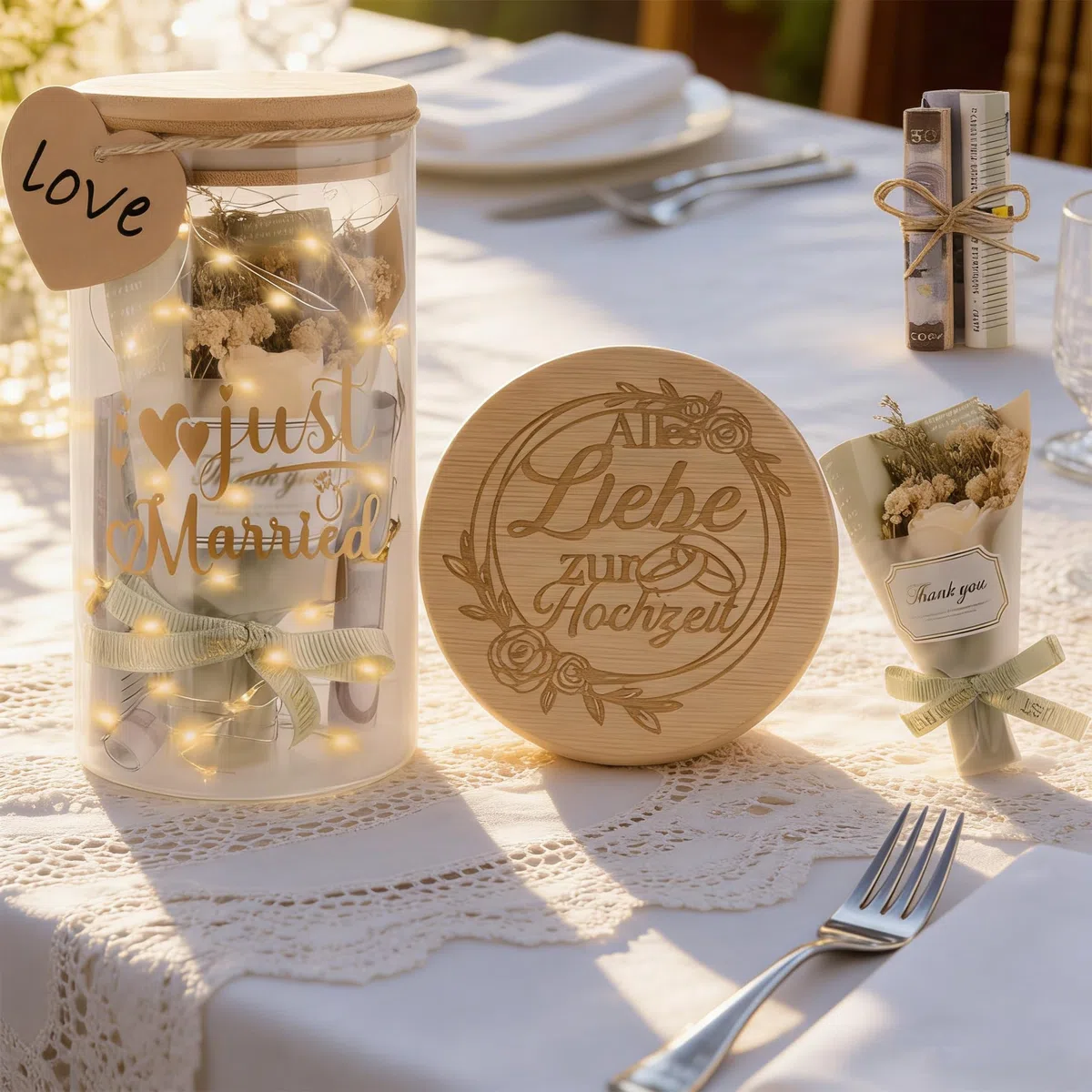 Hochzeitsgeschenke für Brautpaar, Alles Liebe zur Hochzeit, LED Flaschenlicht, Hochzeitsgeschenk Geld mit Trockenblumen, Anhänger und LED-Leuchten, Geldgeschenke Hochzeit Verpackung, Just Married