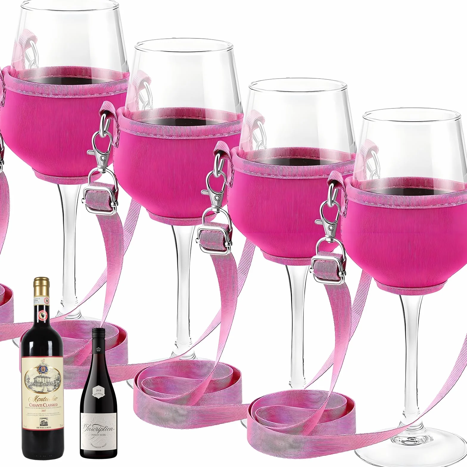Weinglas Halshalter, 4 Stück Weinglashalter, tragbare Weinglashalter zum Umhängen, für Weihnachten, Geburtstag, Hochzeit, Party (Pink)