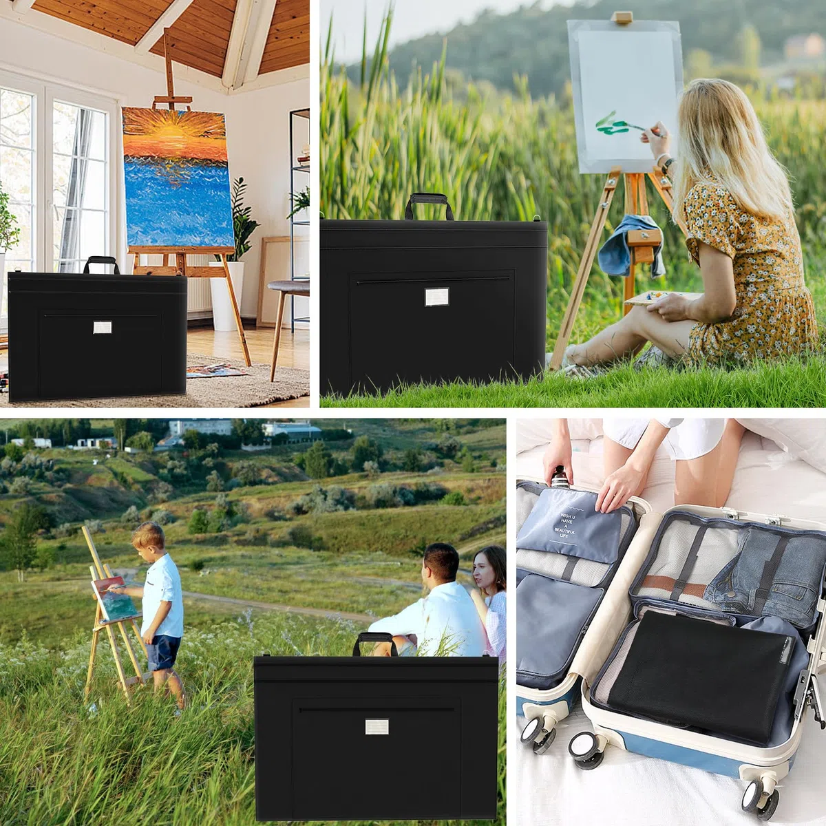 54 x 66cm-Aufbewahrungstasche für Zeichenbrett mit Griff,Transporttasche für Zeichenplatte, Schwarze Kunsttasche für Künstlerbedarf, Bücher und Ordner, mit Schultergurt- Schwarz