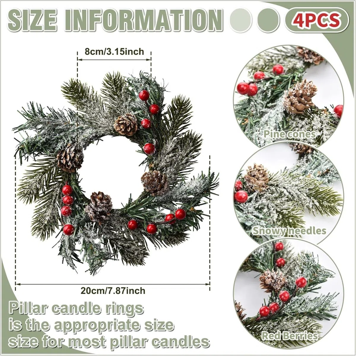 KAHEIGN 4Pcs Weihnachtskerzen Ringe, 20CM Künstlicher Roten Beeren Kränze Weihnachtskerzenringe Verschneiten Tannennadeln Kerzenhalter für Weihnachten Tisch Deko, Tannenzapfen-Kerzenringgirlande