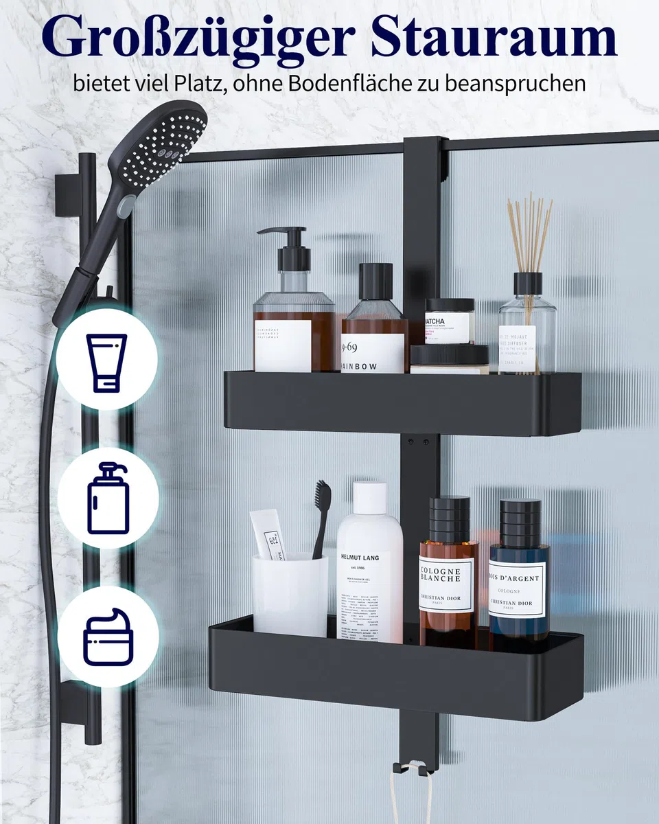 Kitsure Duschregal ohne Bohren - 2-stöckiges Duschablage, rostfrei & vielseitig Duschablage ohne Bohren, praktisches Duschregal für Shampoo, Handtuch & Abzieher, 29,1 x 11,2 x 5,1cm, Schwarz