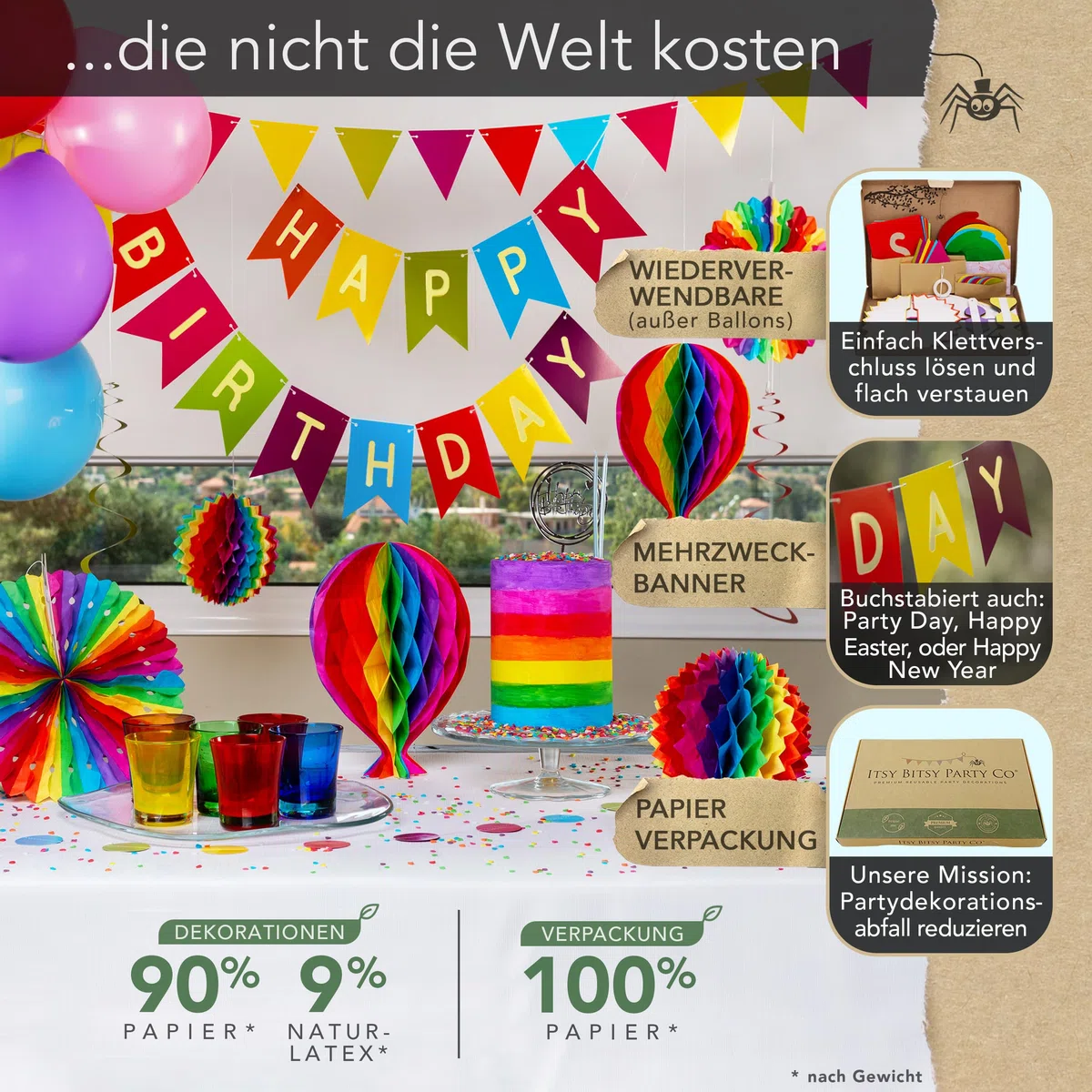 Premium Wiederverwendbare Geburtstagsdeko - Deko Geburtstag / Party Deko - Luftballons, Happy Birthday Girlande, Wimpelkette Geburtstag, Wabenbälle - Happy Birthday Deko (Regenbogen + Ballons)