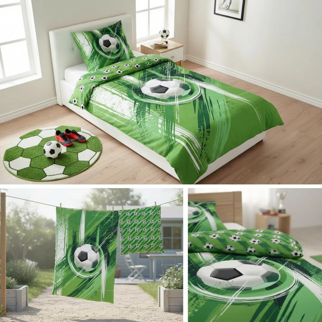 MTOnlinehandel Fußball Bettwäsche 135x200, Kinderbettwäsche 80x80 + 135x200, grün Jungenbettwäsche - Öko-Tex Teenager Bettwäsche aus Microfaser, Geschenk Idee für Jungs und Mädchen