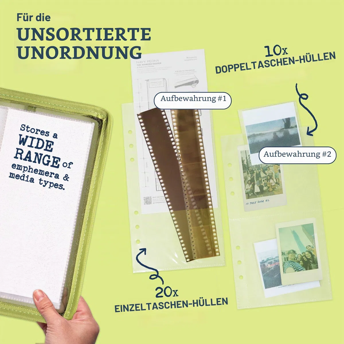 Navy Peony Wander Keeper schmaler Schreibwarenordner (Toskanisches Olivgrün) - Hüllen in halber A5-Breite, kuratierte Reisefarben, tragbarer Organizer mit Reißverschluss,Für Sticker & Fotokarten