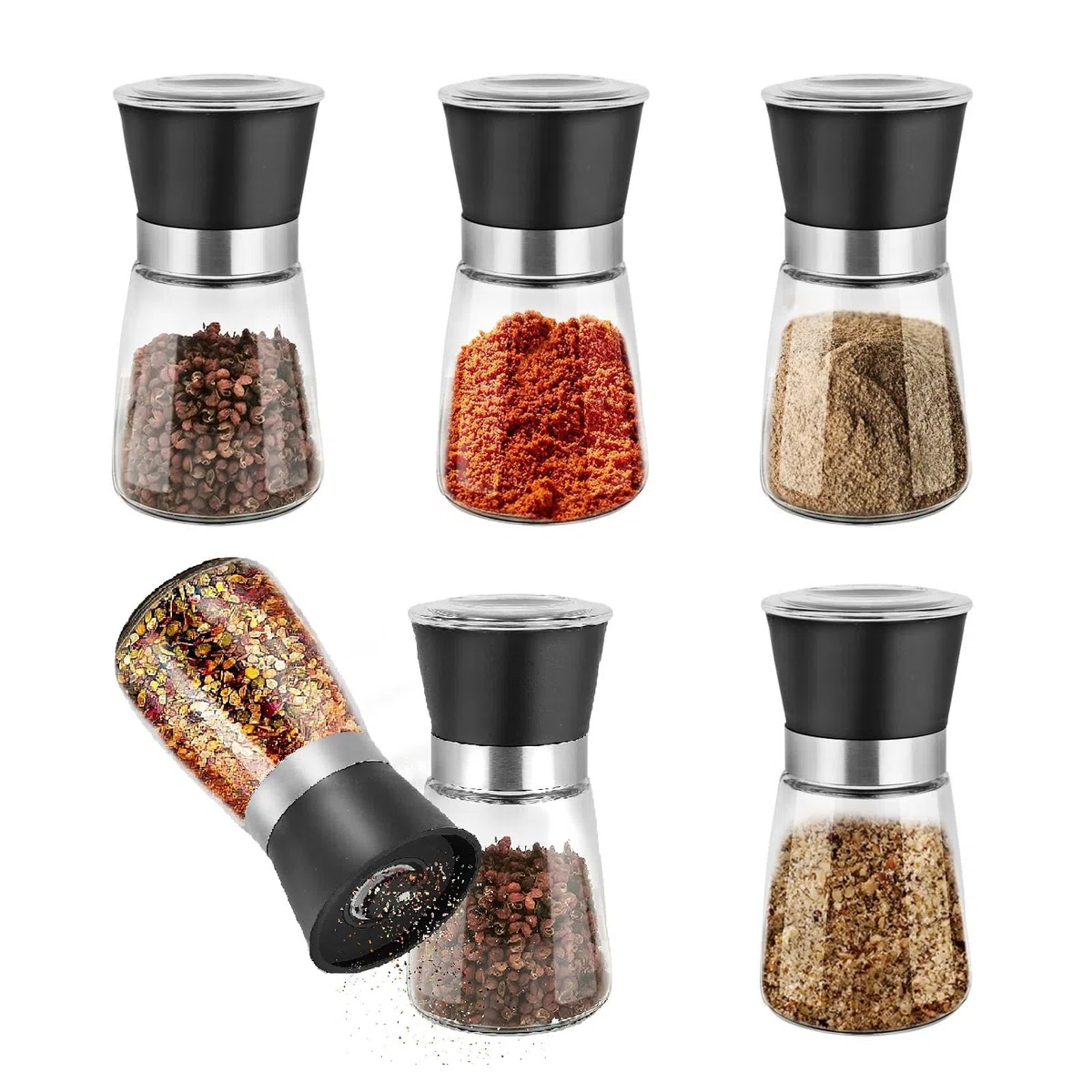 6er Set Gewürzmühlen Manuell, Salz- und Pfeffermühlen aus, Transparent mit Keramikmahlwerk und Abdeckung (180ML Fassungsvermögen)