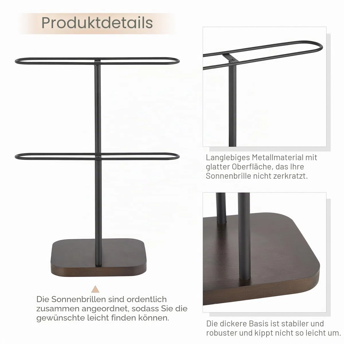 Mkono Sonnenbrillen-Organizer, Brillenhalter, 2 Ebenen, Sonnenbrillen-Aufbewahrung, Brillenständer, Metallrahmen mit Holzsockel, für 24 Paar Brillen für Tisch, Schreibtisch, Arbeitsplatte, Kommode,