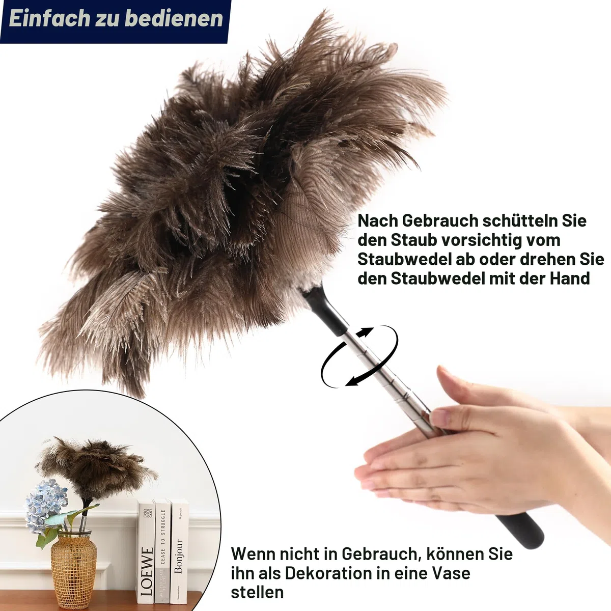 Soarer Ausziehbarer Straußenfeder-Staubwedel – 101,6 cm Flauschiger Langer Griff, wiederverwendbarer Staubwedel zur Reinigung von Deckenventilatoren, Hängelampen, hohen Decken, Jalousien, Möbeln
