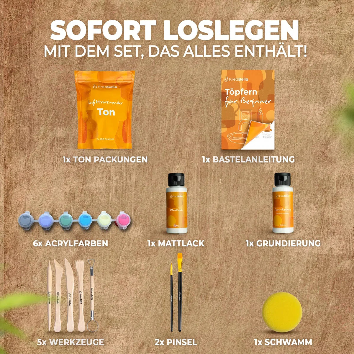 Töpferset für Einsteiger – 17-teiliges Keramik- und Modellierset mit Werkzeugen, Farben & Ton – Mini Set zum Töpfern inkl. Acrylfarben, Pinsel, Tonmasse & Zubehör von KreaBella