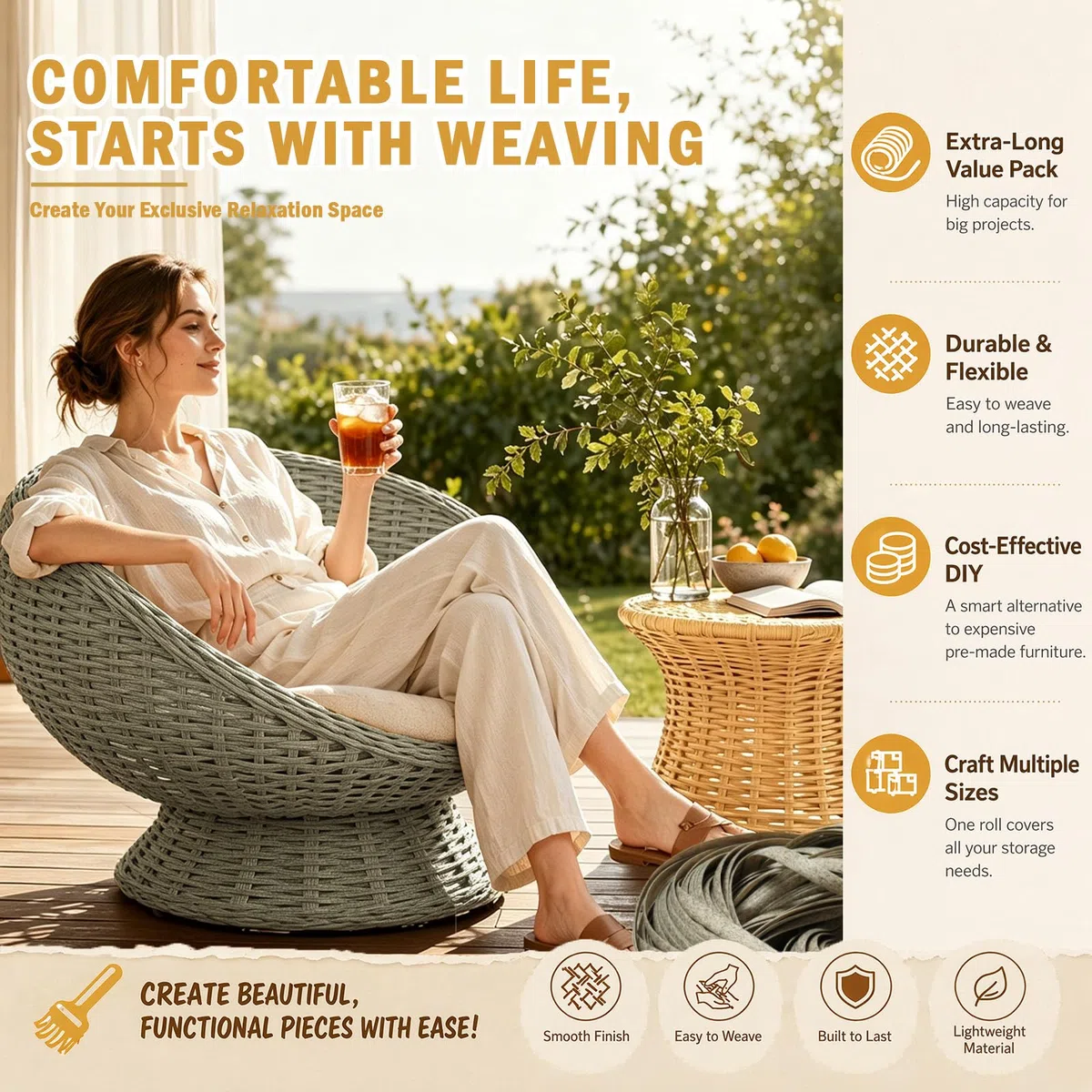 Polyrattan Reparatur 65 m Rolle Flach PE Rattan für Rattan Möbel Reparatur Gartenmöbel Stuhl Tisch Korb Wicker Ersatzmaterial Wetterfest und Strapazierfähig (Grau Meliert)