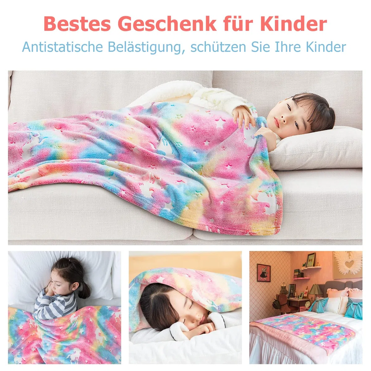 Einhorn Decke Kuscheldecke - 120 x 150 cm Decke Leuchtet im Dunkeln, Warm und Flauschig Kinderdecken für 1-10 Jährige Mädchen und Jungen - Wohndecke für Geschenk (Farbig, 120 x 150cm)