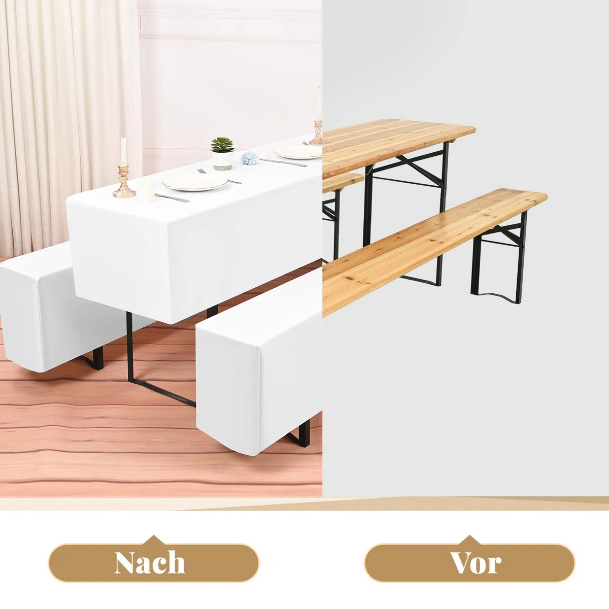 Teruntrue Bierzeltgarnitur Set 3tlg. wasserdichte Hussen für Bierzeltgarnitur 220 x 50cm – 1 Husse Biertisch + 2 Bierbank in Weiß - Biertischhusse Bierbankhusse Biertisch – 220x50cm Weiß