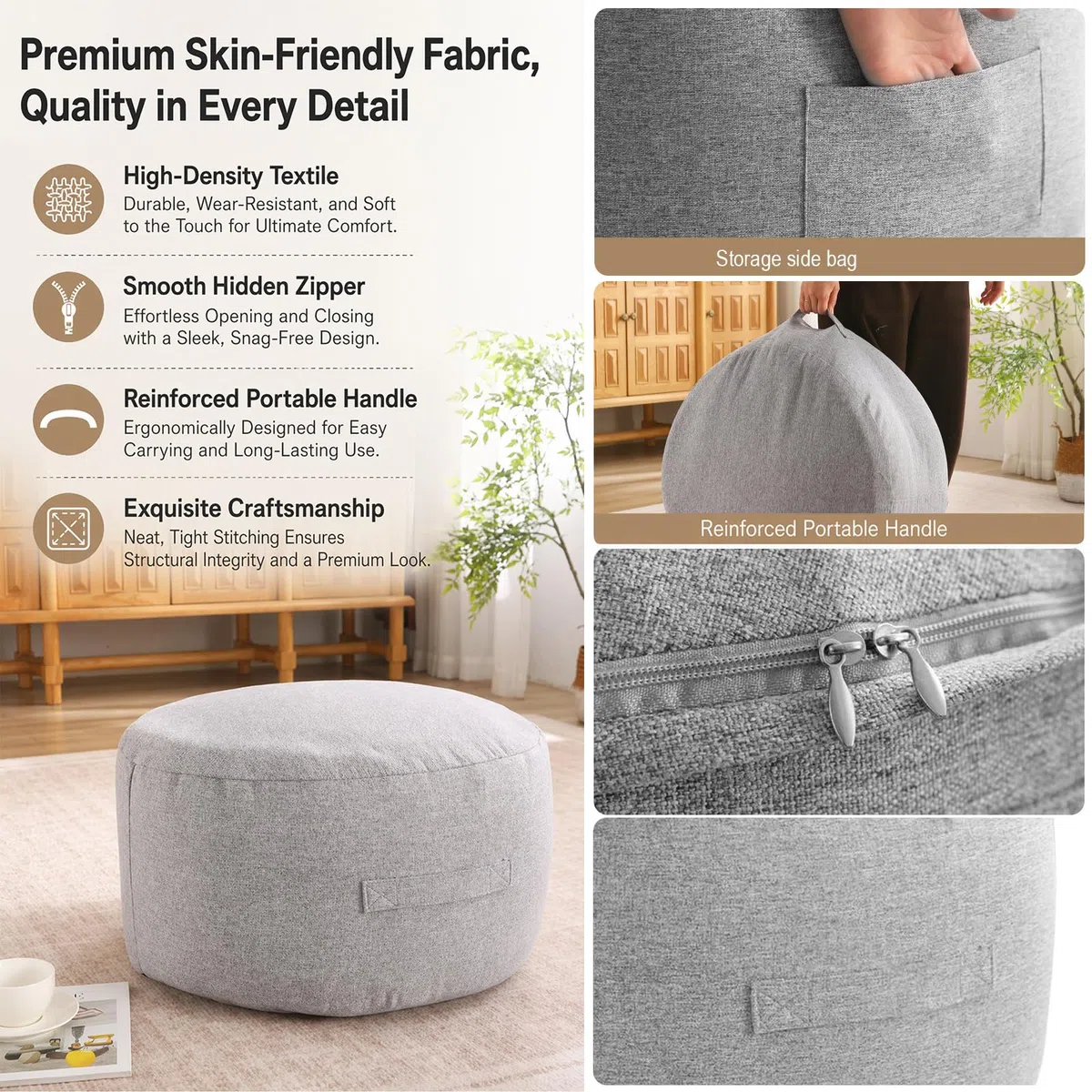 Kuscheltier Aufbewahrungssack Sitzsack - Leerer Bezug mit Reißverschluss - Weicher Spielzeug Organizer für Plüschtiere & Decken - Gemütliches Sitzkissen für Kinderzimmer (Hellgrau)