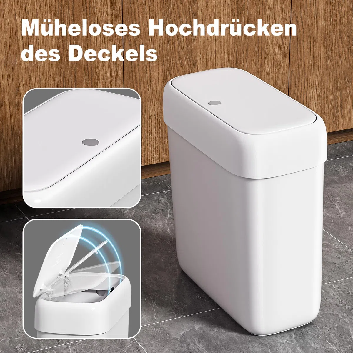MOPUP Kleiner Badezimmer-Mülleimer mit Deckel, 8.5 l/2,2 Gallonen, schmaler Mülleimer, Papierkorb aus Kunststoff mit aufklappbarem Deckel, hundesicher für Badezimmer, Küche, Schlafzimmer, Wohnzimmer