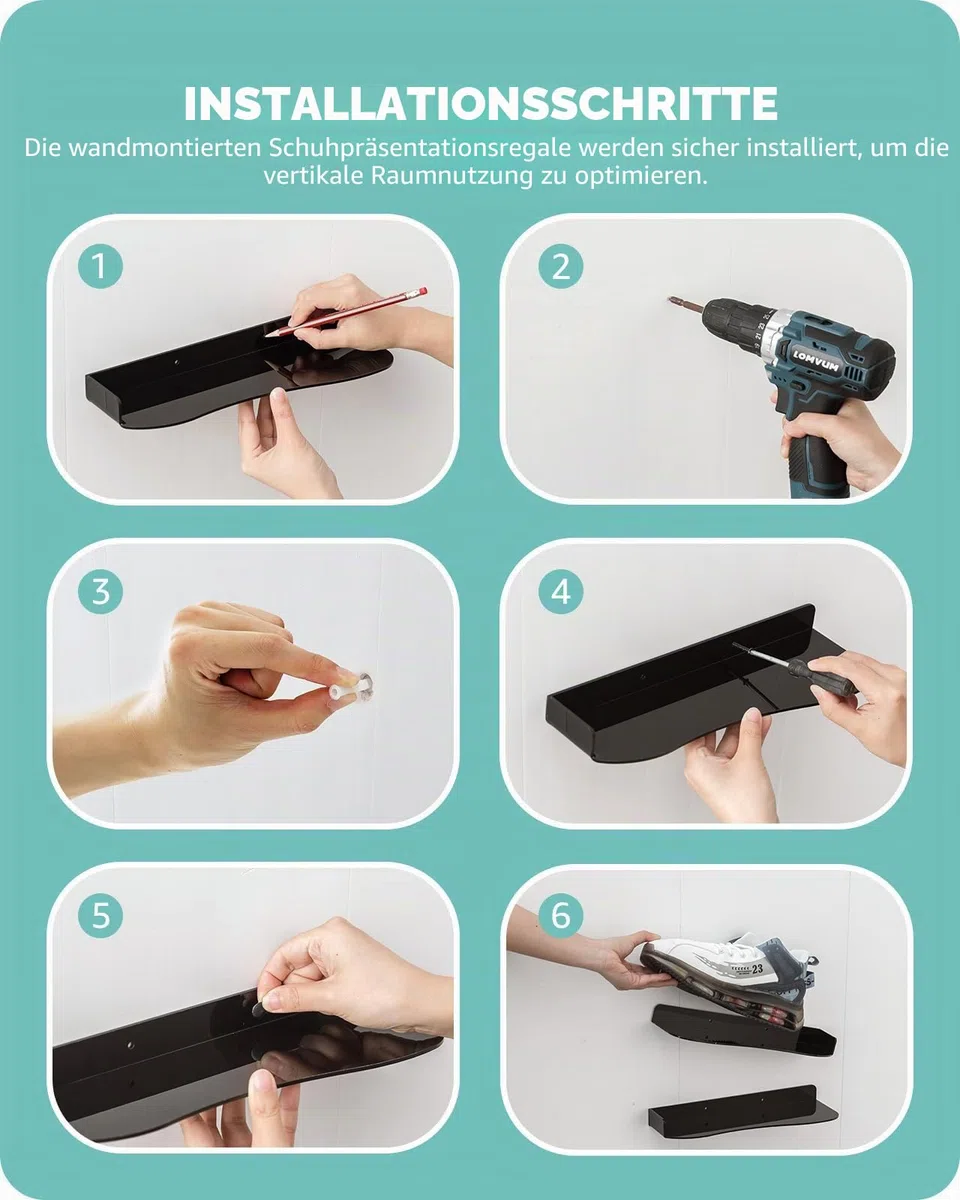 Baffect Sneaker Wandhalterungen, Schuhregal Wand mit Flexiblen Kombinationsmöglichkeiten, Schuhhalter Wand aus Acryl für 2 Paar Sportschuhe (Schwarz)