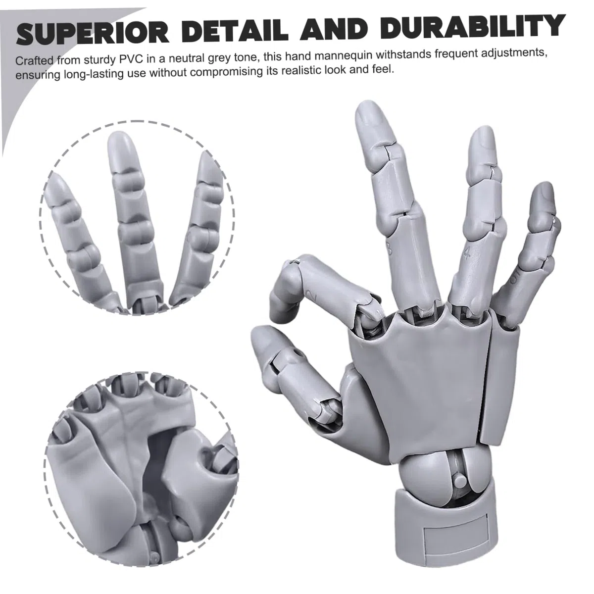 Handmodell für das Zeichnen, artikuliertes Handflexible Modell mit beweglichen Gelenk & Basis -DIY -freundliche PVC zum Zeichnen, Malerei, Skizzieren, Grau