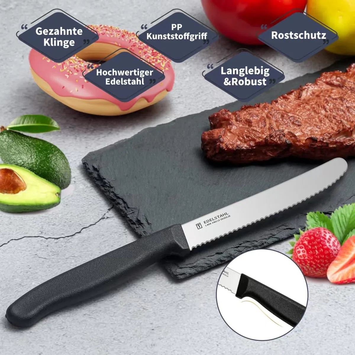 Frühstücksmesser 6 Stück,Hochwertige Edelstahl Tafelmesser,Langlebiges Brötchenmesser,Kunststoffgriff Tomatenmesser Wellenschlif,Schwarzes Brotzeitmesser,Scharfe Messer&Spülmaschinenfest