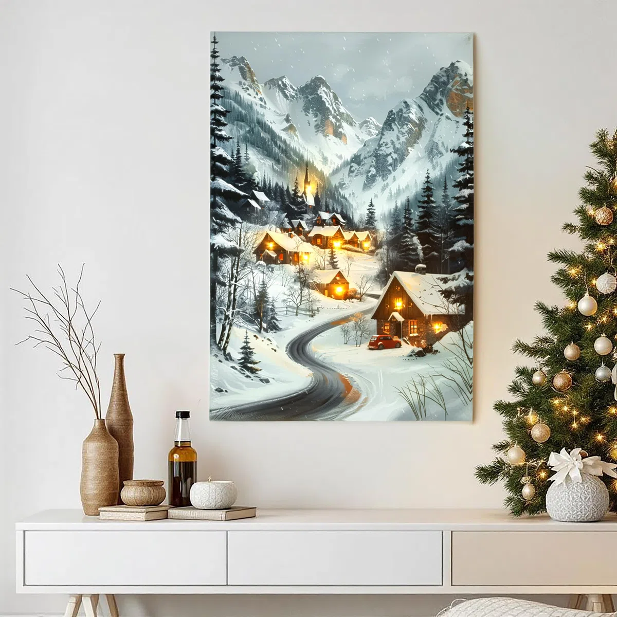 Spetebo Weihnachts Wandbild mit LED Beleuchtung Batterie betrieben - 58 x 38 cm - Winterdorf Leinwandbild warm weiß beleuchtet - Weihnachten Advent Winter Bild Wanddeko Weihnachtsbild Fotodruck