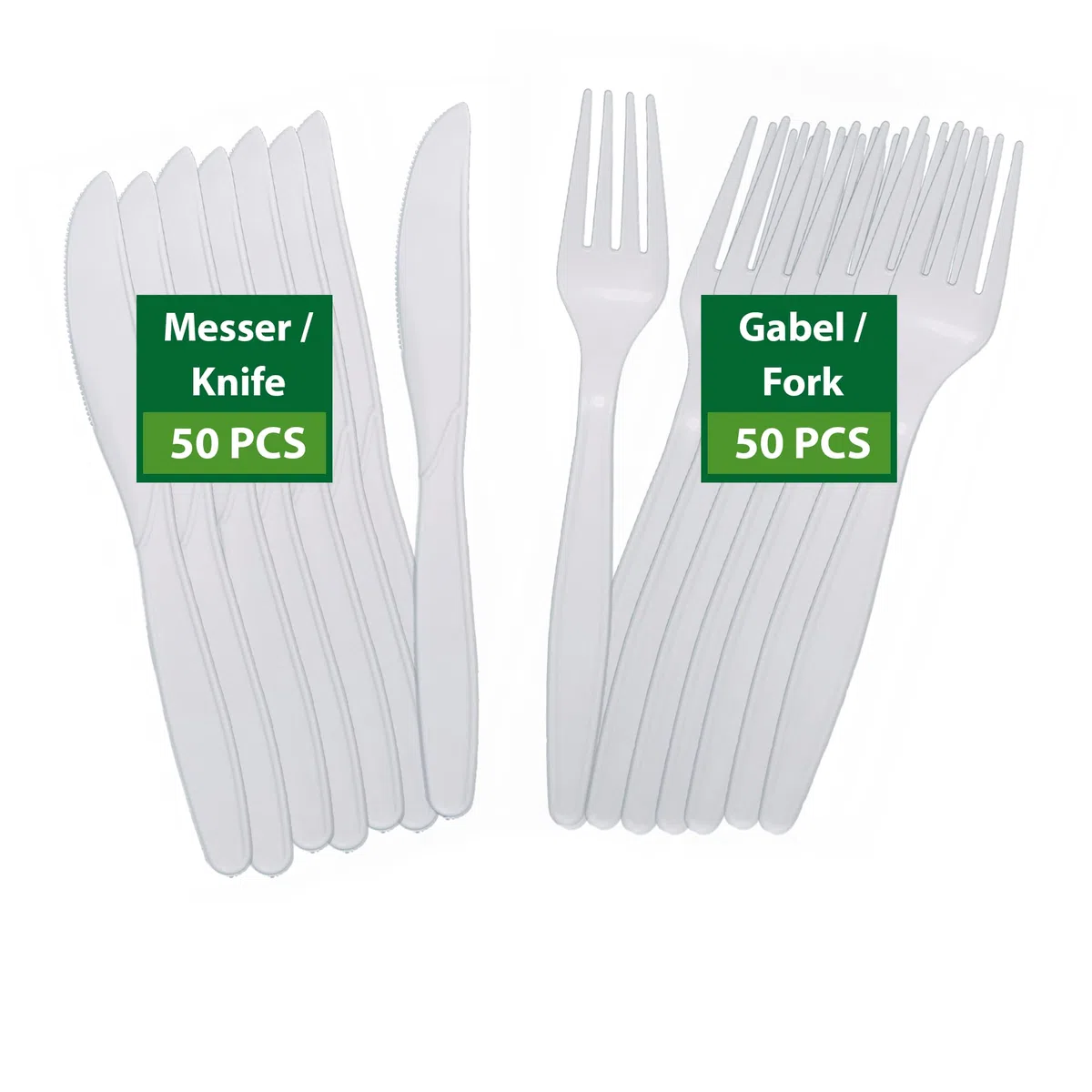 Umweltfreundliche Mehrweg Besteck|100 Stück (50 Kompostierbare Gabel, 50 Kompostierbare Messer)|Plastikfrei|Biologisch abbaubar Besteck