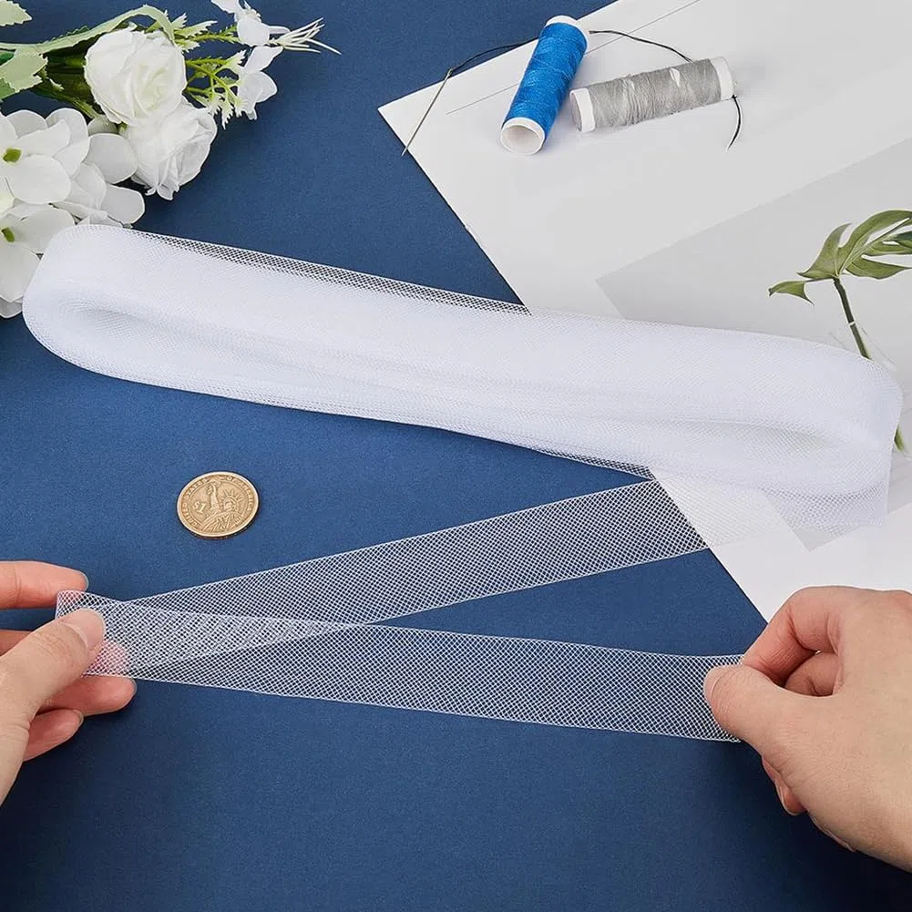 GORGECRAFT 45.7 mx25mm Polyester Rosshaar Geflecht Elastisches Weißes Geflecht Weiches Rosshaar Netzband Stäbchenverstärkung Für Hochzeits Tanz Und Partykleider Festliche Kleider Hüte Kostüme DIY Nähp