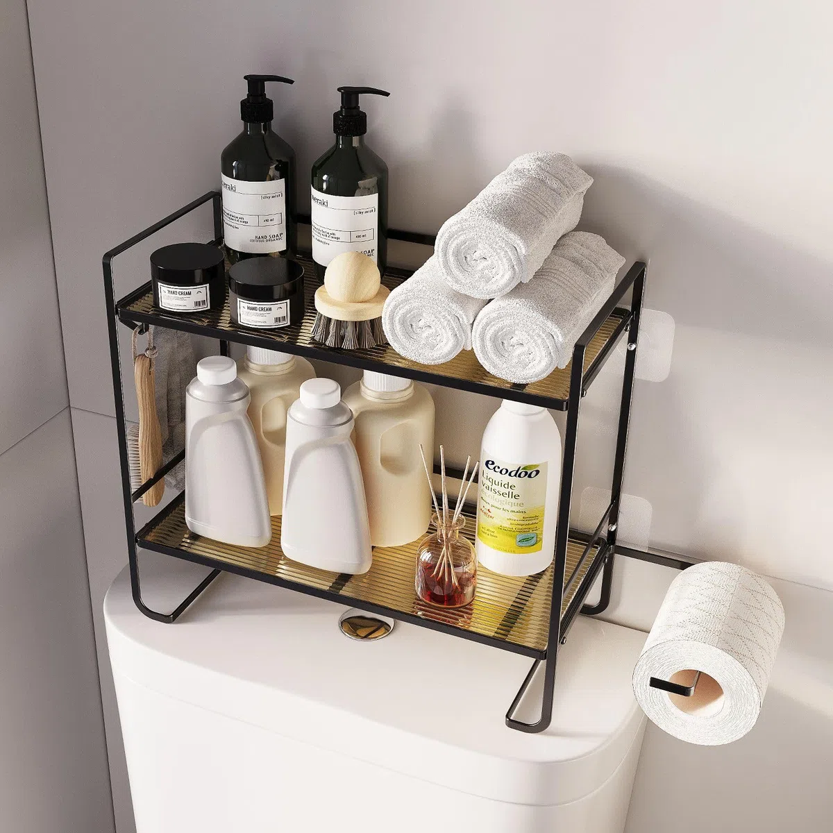 Aufbewahrungsregal über der Toilette,2-stufiger Badezimmer Aufbewahrungs Organizer aus Metall mit 2 Haken, Papierhalter, Regal für den Toilettenspülkasten, Schwarz