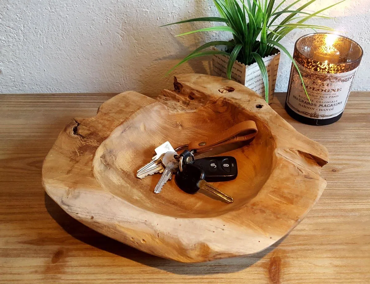 LB H&F Teakschale Dekoschale Holzschale Teak Schale Schmuckschale ca. Ø 30 cm massiv Wurzelholz natur handgemacht Schlüsselschale