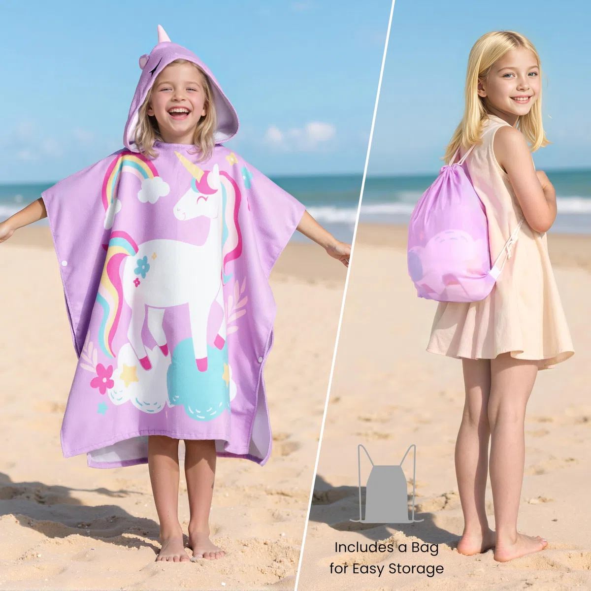 Joiedomi 30"* 30" Badeponcho Badetuch für Kinder,Lila Einhorn-Mikrofaser-Kapuzenhandtuch-Poncho für Strand, Pool, Bad, schnelltrocknend