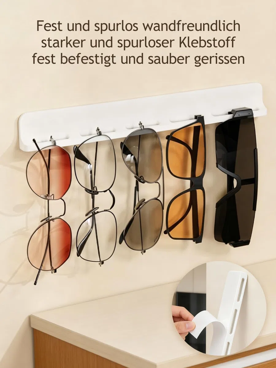 2 Stück Brillenhalter Wand, Brillenablage Wand, Brillenständer | 5 Loch Sonnenbrillen Organizer, Silikon Passform, für Brillenaufbewahrung, 30×1,8×3,5cm, Weiß