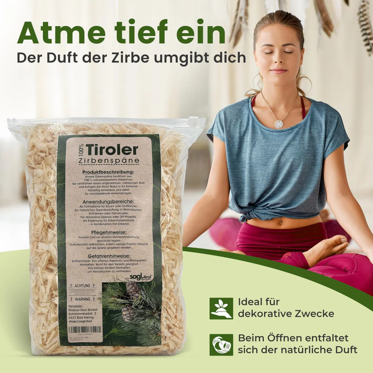 sagl.tirol Zirbenspäne Nachfüllpack für Zirbenkissen, Doppelt gesiebt, unbehandelte Zirbenholzspäne, Zirbenspäne für Kissen (7 Liter)