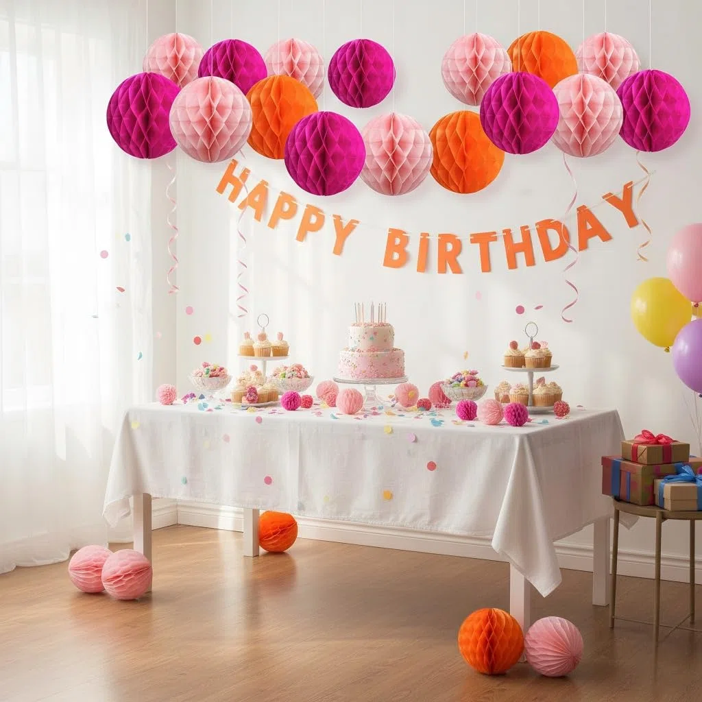 12er Orange und Rosa Papier Wabenbälle,Hängende Seidenpapier Honeycomb Balls for Party Dekoration(6inch&10inch)