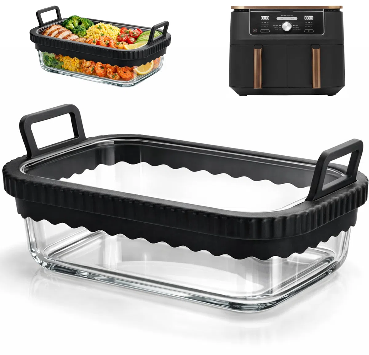 Auflaufform Airfryer für COSORI Heißluftfritteuse 2 Kammern/Ninja Heißluftfritteuse AF400EU/SL400EU/AF500EU/, Glas Airfryer Zubehör, BPA-frei, Herausnehmbarer Silikonring (Schwarz)