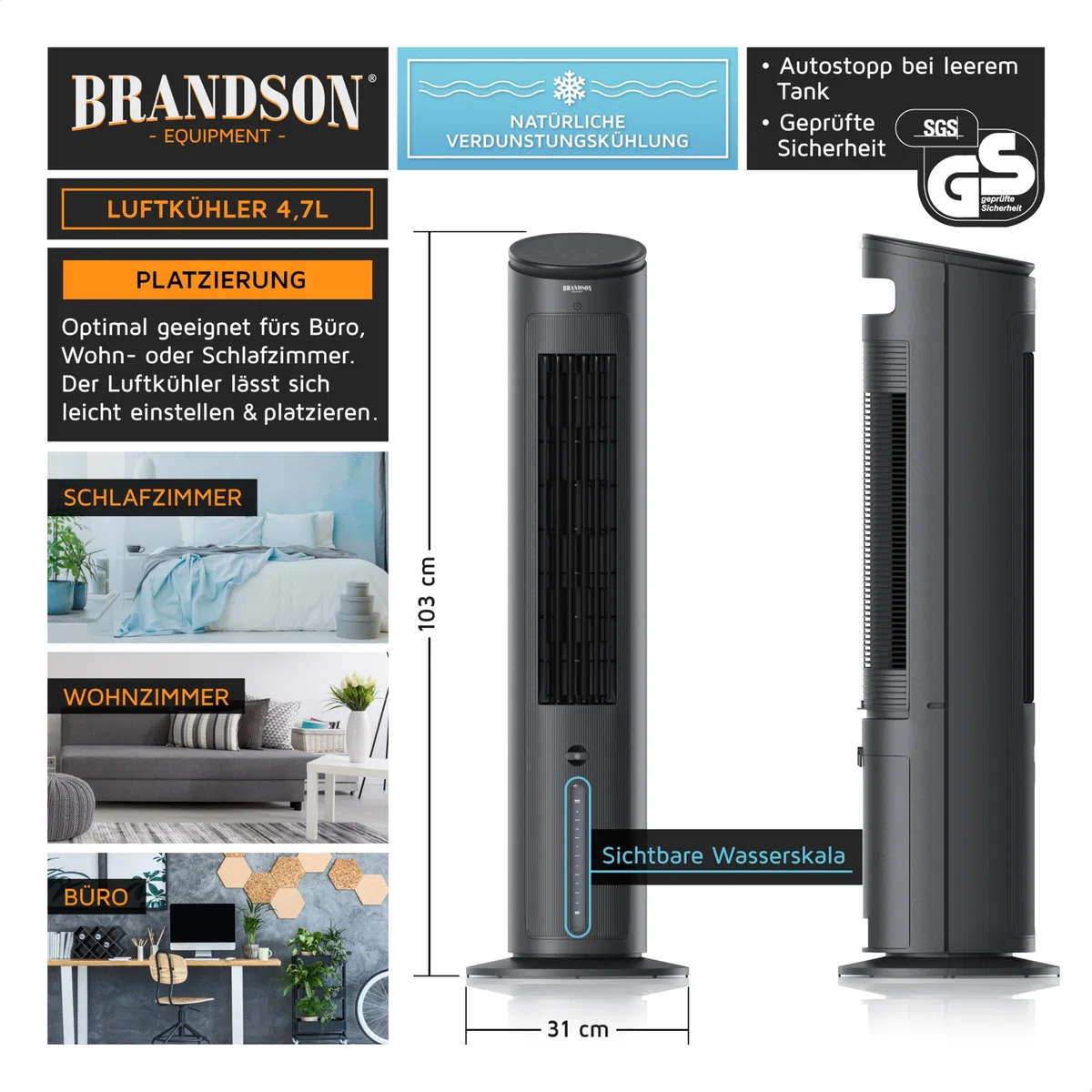 Brandson - Luftkühler mit Wasserkühlung - Preisträger 2025 - Verdunstungskühler - Luftkühler - Ventilator - mobile Klimaanlage ohne Abluftschlauch - leise - Turmventilator