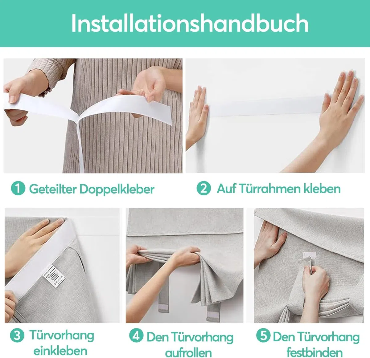 Verdunkelungs Türvorhang 86x173cm, Französische Türvorhänge ohne Bohren zum Kleben mit Haltebändern, Blickdicht für Privatsphäre, Lichtsteuerung ＆Thermische, Hellgrau, 1 Paneel