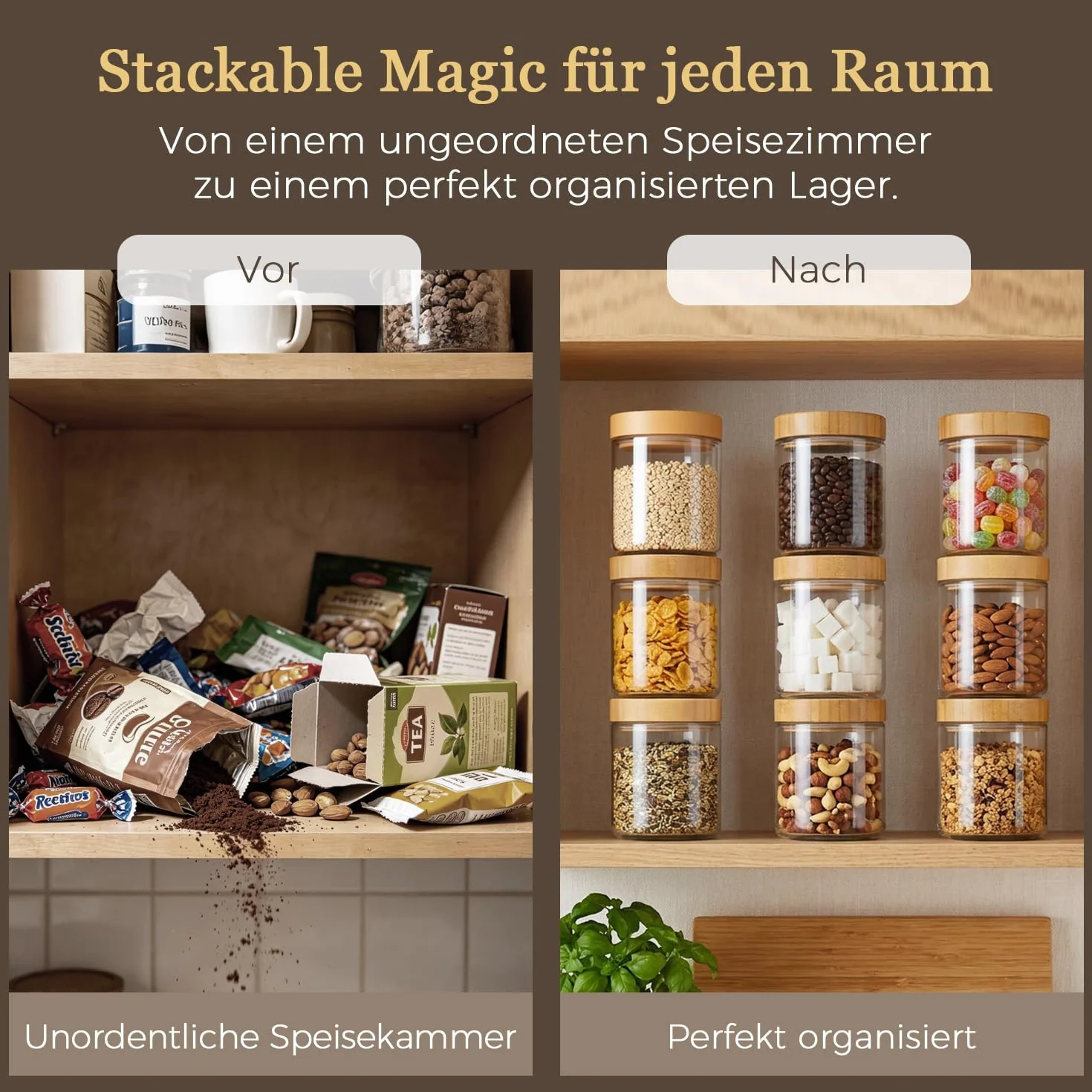 ComSaf Overnight Oats Gläser 4er Set 500ml, Hochwertige Meal Prep Behälter Glas mit Bambusdeckel für Büro Frühstück, Auslaufsichere Joghurtbecher Vorratsdosen für Trockenvorräte Natron-Kalk-Glas