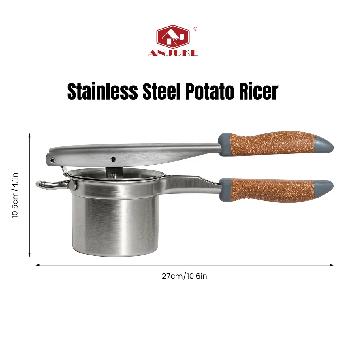 Kartoffelpresse Edelstahl mit fester Scheibe, Robuster Kartoffelstampfer mit Holz-Kunststoff-Griff, Inkl. Keramikschaber, Silikonspatel & Reinigungsbürste für Kartoffelpüree