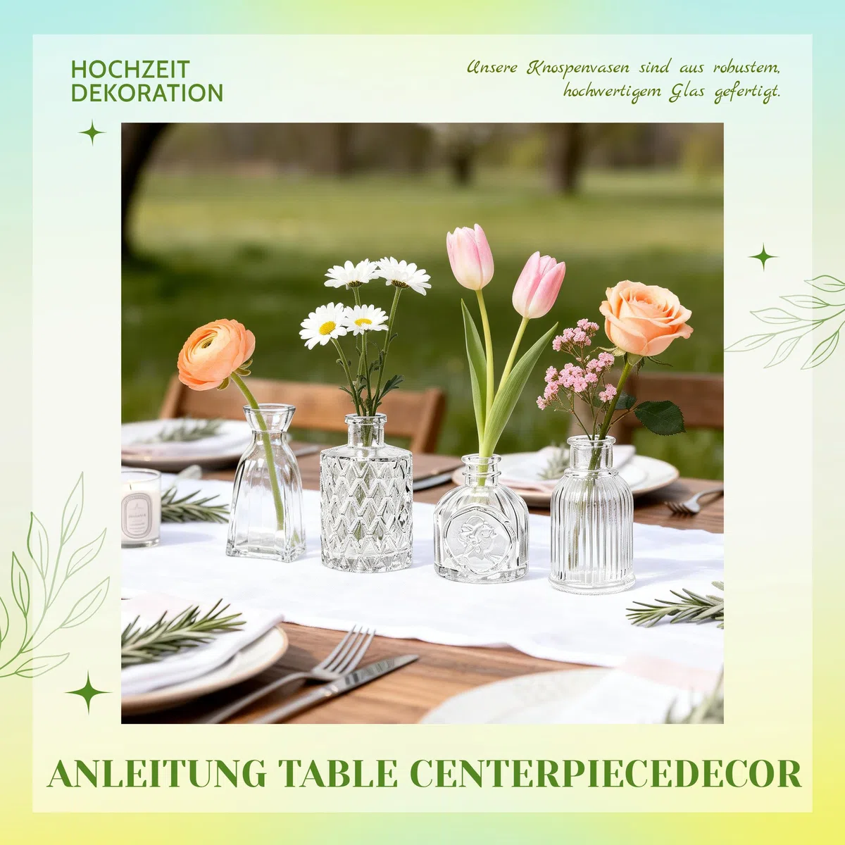 Der Rose Blumenvase Set, 12 Stück kleine Vasen für Tischdeko, mit elegantem Ätzmuster, ideal für Hochzeitsdeko und Party Deko