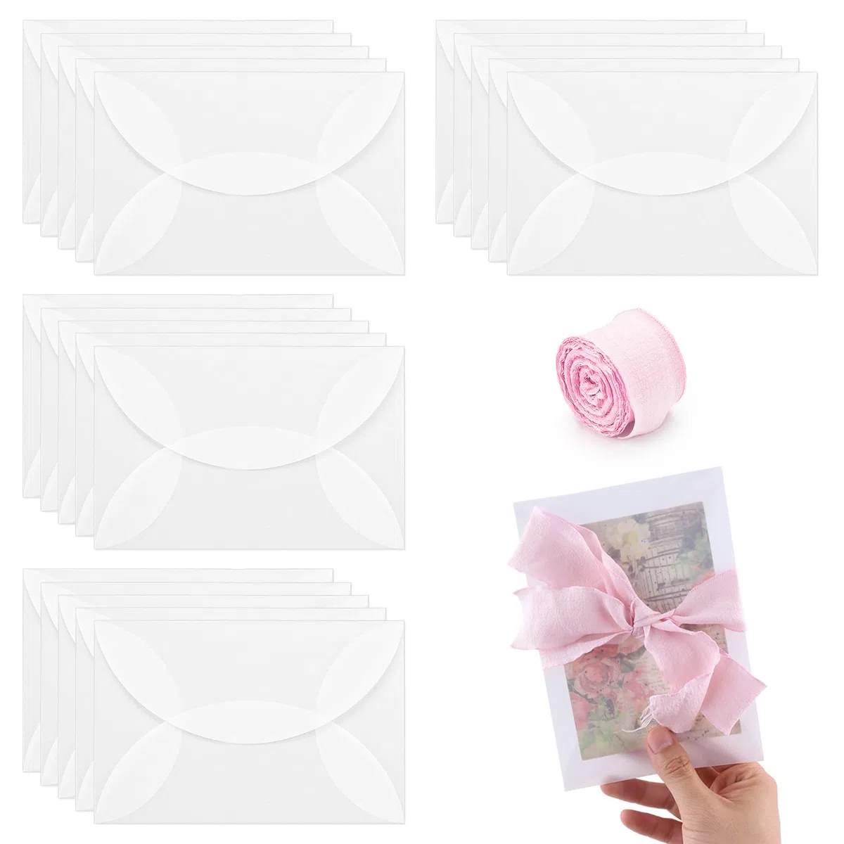 LELE LIFE 20 Stück vorgefaltete Pergamenthüllen für 12,7 x 17,8 cm Einladungen, 135 g/m² Pergamentpapier und 9,1 m rosa Band, durchscheinende Hochzeitseinladungshüllen, Umschlageinlagen