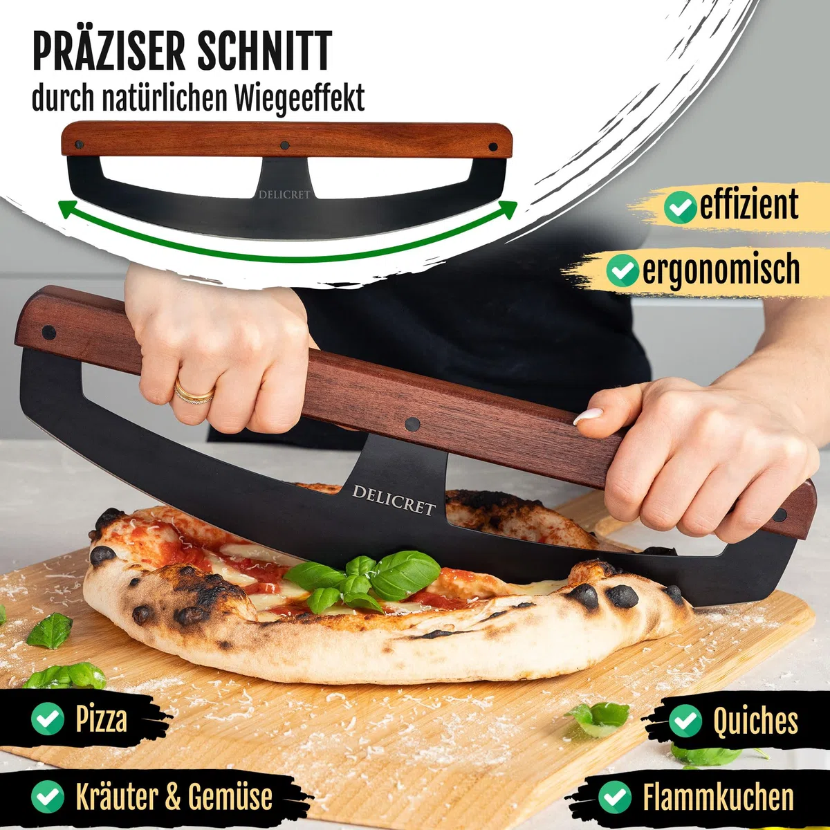 DELICRET "Black Line"- Pizza Wiegemesser | Pizzaschneider mit Akazienholtgriff & scharfer Edelstahlklinge