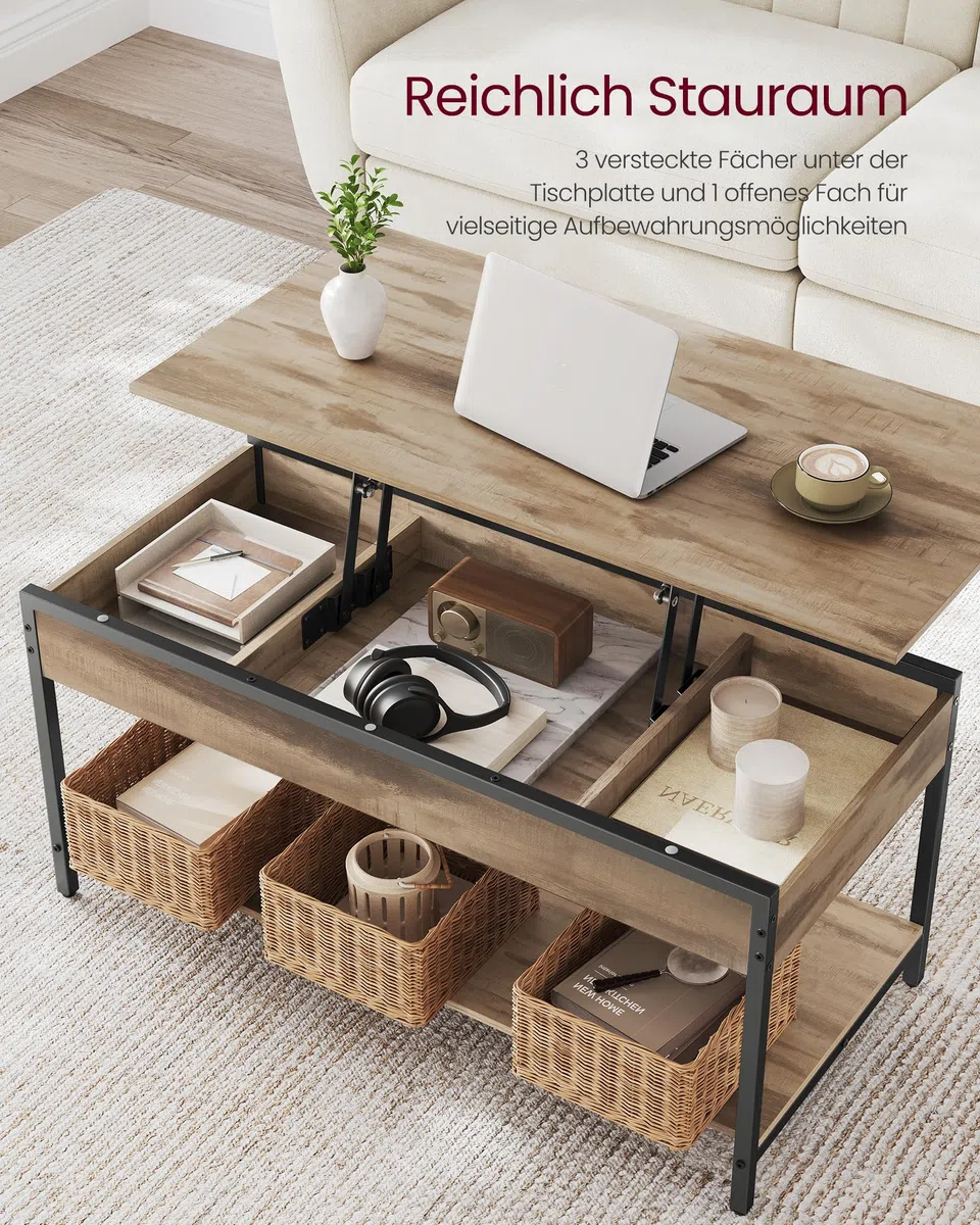 VASAGLE Couchtisch, höhenverstellbarer Wohnzimmertisch, Kaffeetisch, mit offenem Fach und versteckten Fächern, 50 x 100 cm, Kamelbraun-tintenschwarz LCT261LB02