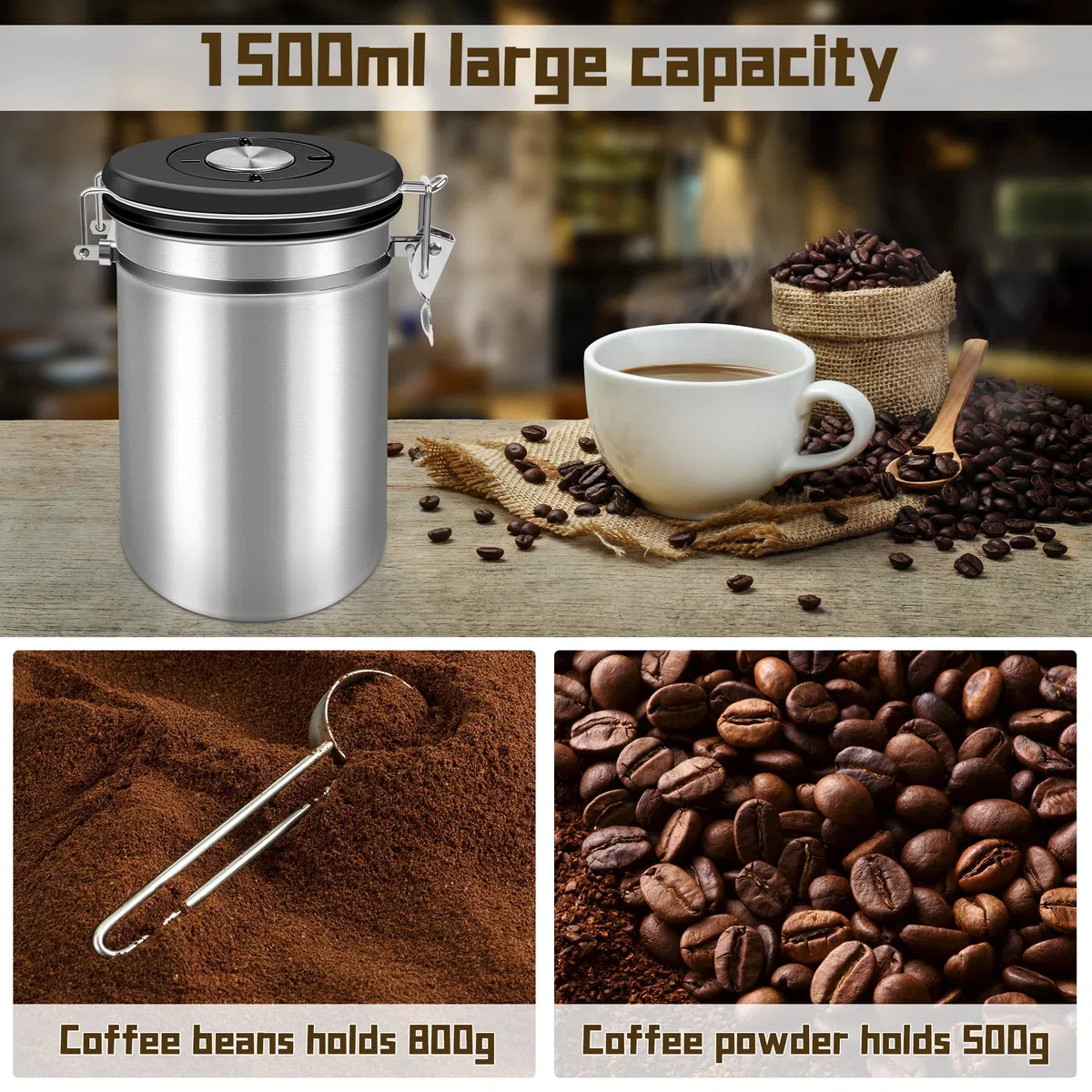 Kaffeedose 500g Bohnen Kaffeedose Luftdicht 1500ml mit Löffel und Kalenderrad, Edelstahl Kaffee Dose Behälter zum Aufbewahren von Kaffeebohnen, Tee, Nüssen, Würze, Kakao usw