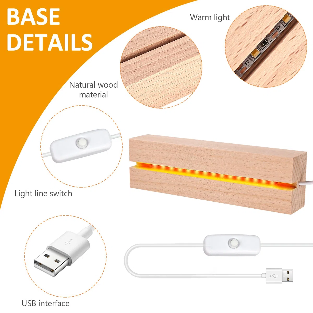 BORDEAG LED-Holzsockel, rechteckig, USB, 15 cm, warmweiß oder 7 Farben, eleganter Holzständer für Acrylglas, Kristall, Harz, Kunstwerke, 4 Stück