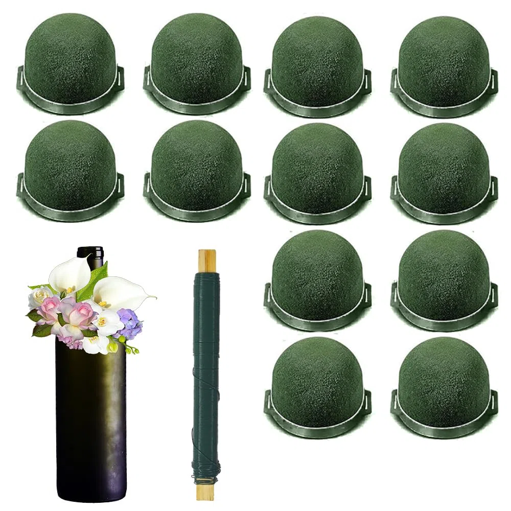 12 Stück Runde Blumensteckschaum, Mini Steckschaum für Blumen mit Grünem Draht, Nasssteckschaum Set für Steckmasse Hochzeitstisch Weinflaschen Partydekoration DIY