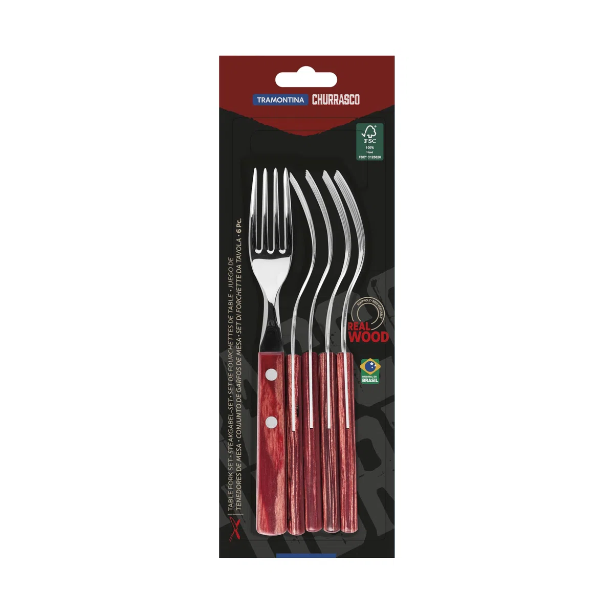 Tramontina Steakgabel Set, 6-Teilig, Edelstahl, Ergonomischer Griff, FSC-zertifizierter Holzgriff, Rot, Pizzagabel
