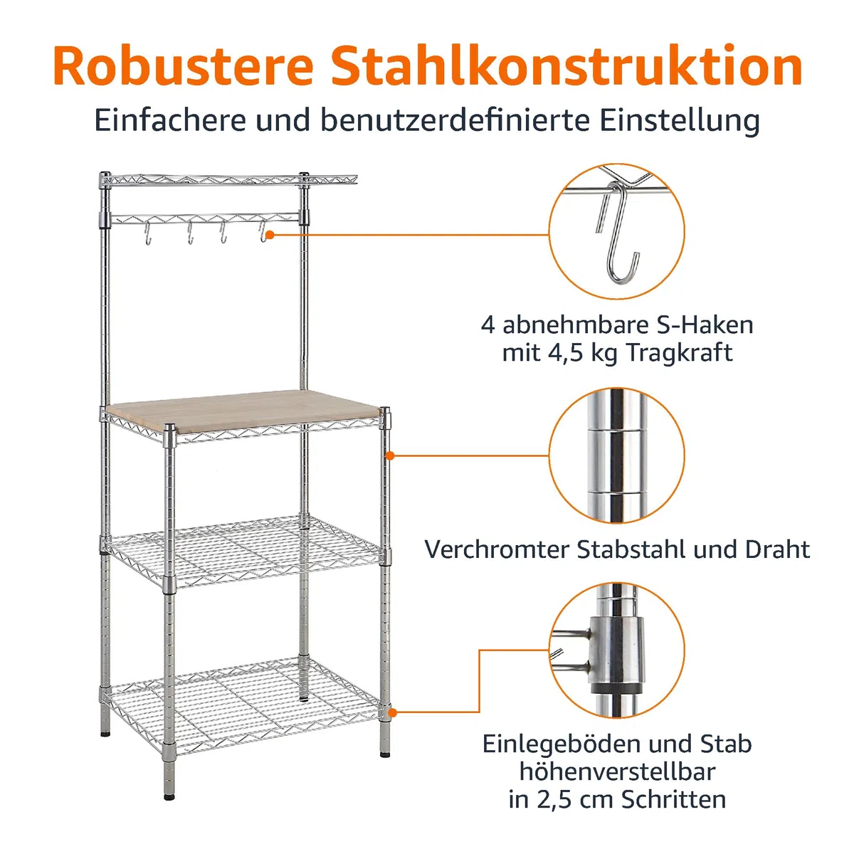 Amazon Basics 3 Küchenregal, Bäckergestell mit Holztisch, Chrom, Holz, 61 cm Chrome, Beige