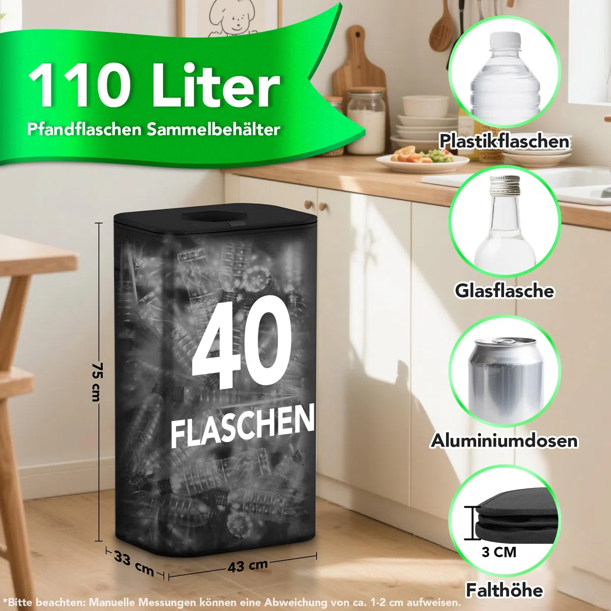 110L Pfandflaschen Sammelbehälter mit Deckel, Groß Pfandflaschen Aufbewahrung Organizer mit Tragetasche Flaschensammler Leergut mit Loch Flaschentasche Behälter für Küche & Haushalt