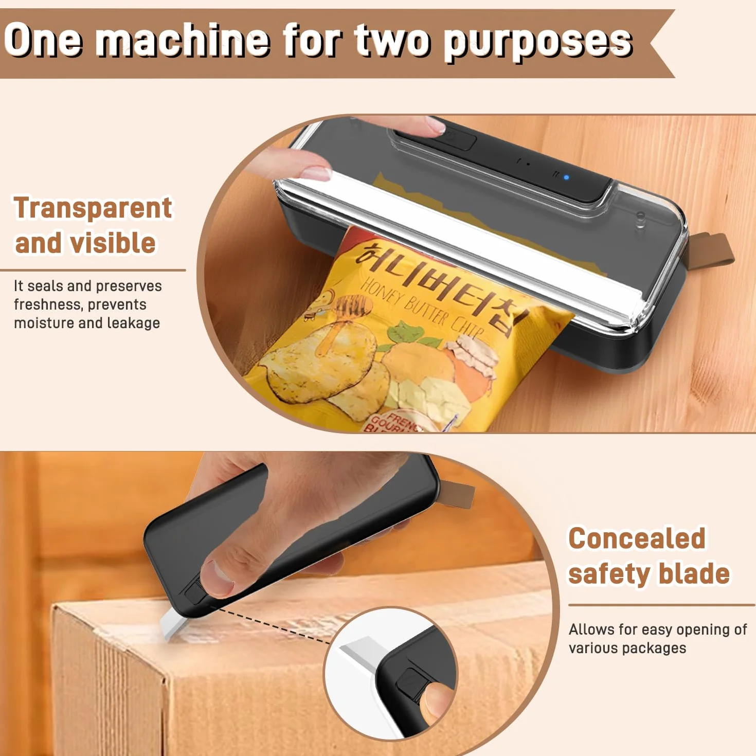Mini Folienschweißgerät, Bag Sealer 2-in-1 mit Cutter, Magnetfuß & 2-Stufen Siegelung - Wiederaufladbar (Sicher mit Auto-Off) - Für Plastiktüten, Beutel & Snacks - Schwarz