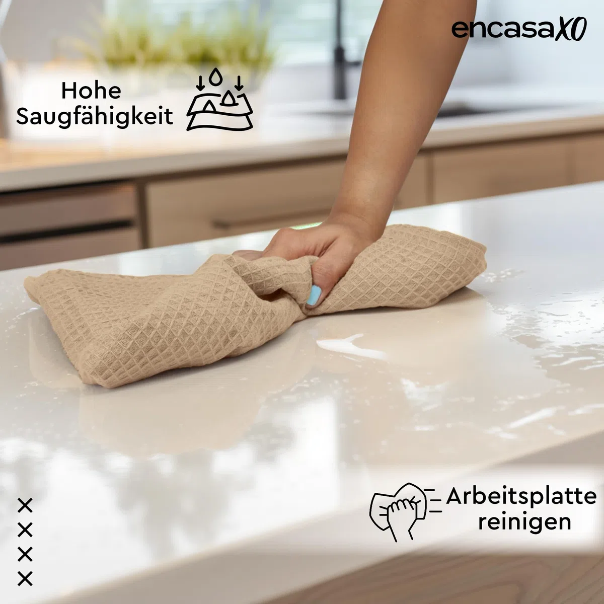 Encasa XO Küchenhandtücher und Waschlappen aus Baumwolle | Beige | Waffel und Flachgewebe-Geschirrtuch | Geschirrtuch-Set | 70x45 cm, Wiederverwendbar und schnell trocknend 4er-Set